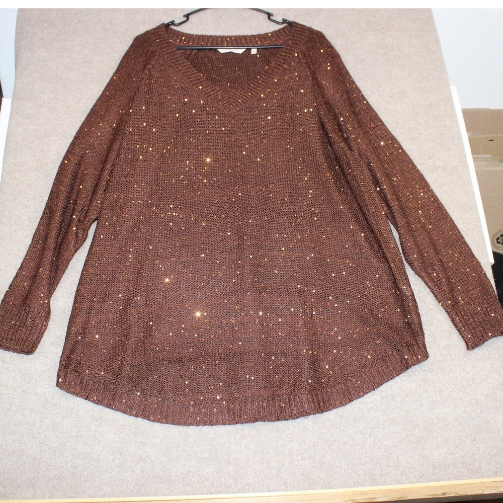 Soft Surroundings Brown Sequin V-Neck Knit Sweater Plus Size 2X Long Sleeve